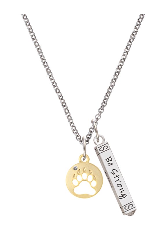 Goldtone Bear Paw Silhouette Silvertone Be Strong and Courageous Bar Charm Necklace, 23"
