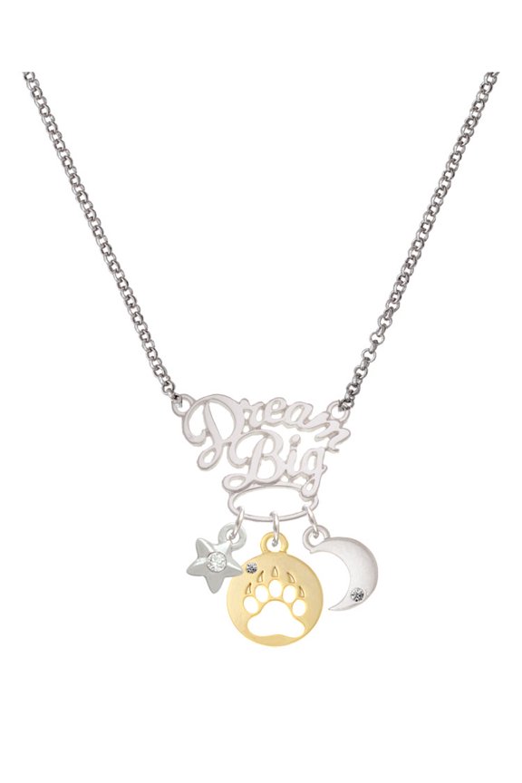 Goldtone Bear Paw Silhouette Silvertone Dream Big Pendant Necklace, 25"