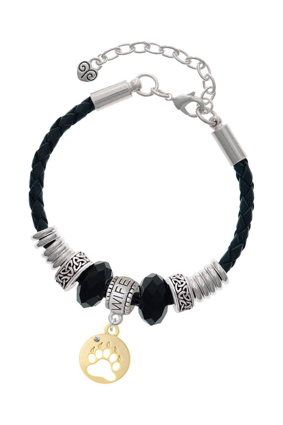 Goldtone Bear Paw Silhouette Wife Celtic Knot Leather Bead Bracelet, 7"+2" Extender