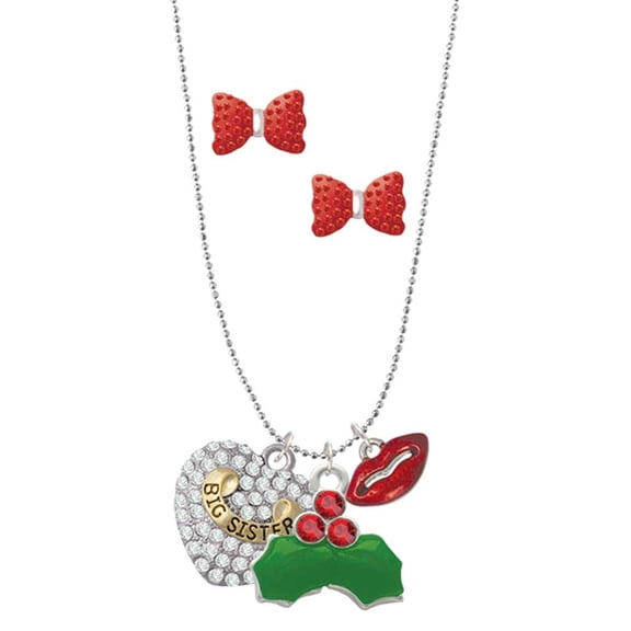 Delight Jewelry Goldtone Big Sister Rock on Clear Crystal Heart Christmas Kiss Charm Necklace and Stud Earrings