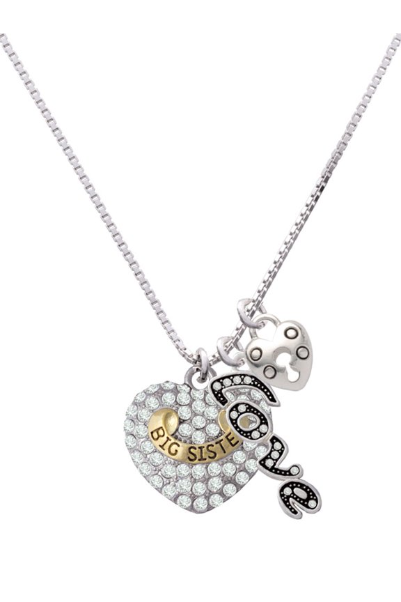 Goldtone Big Sister Rock on Clear Crystal Heart - Love and Lock Charm Necklace, 18"+1"