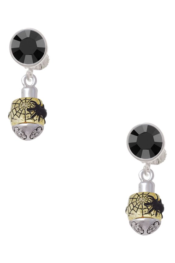 Goldtone Black Spider on Web Spinner Black Crystal Clip on Earrings