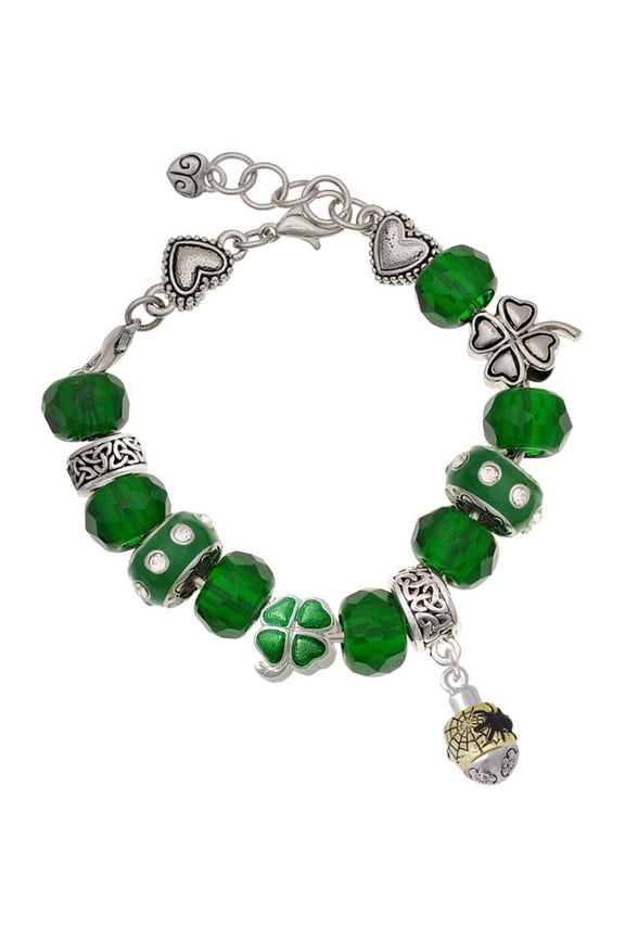 Goldtone Black Spider on Web Spinner - Green Irish Luck Bead Charm Bracelet, 7.5"