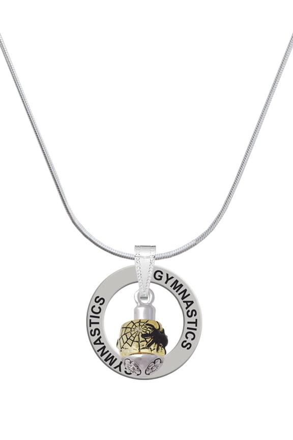 Goldtone Black Spider on Web Spinner Gymnastics Ring Charm Necklace, 18"