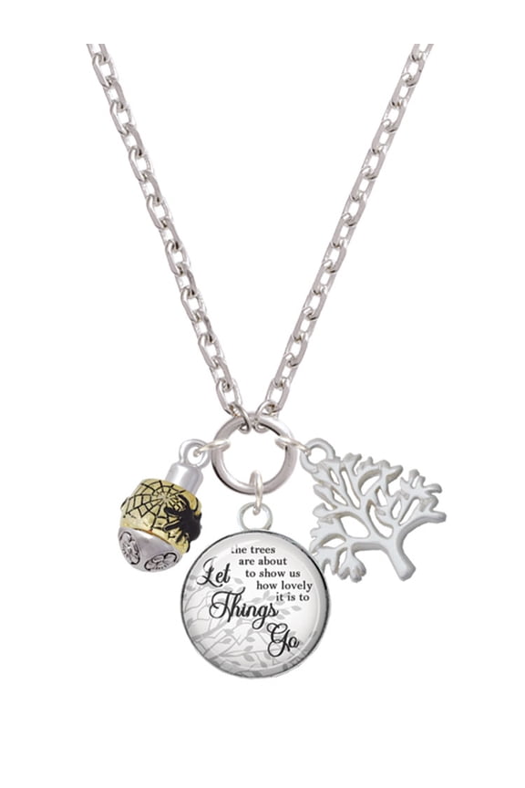Goldtone Black Spider on Web Spinner Let Things Go Fall Zoey Charm Necklace, 28"