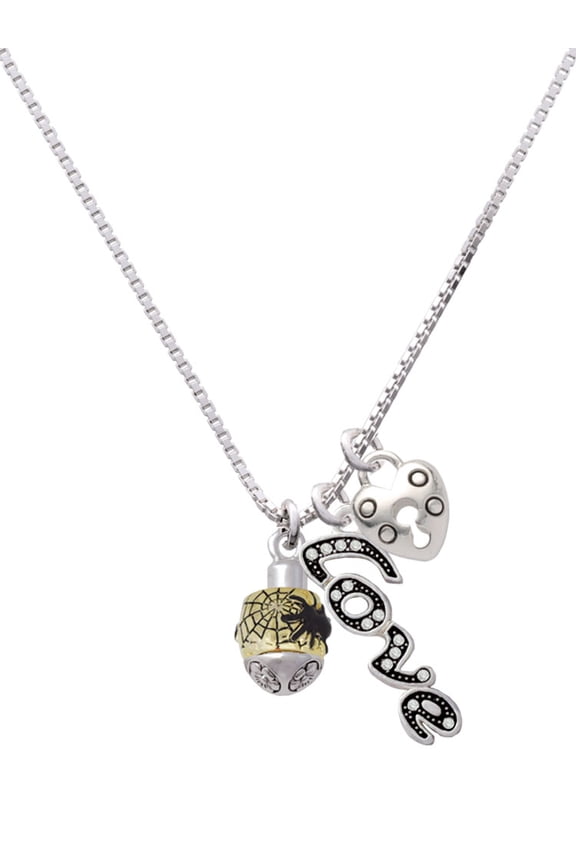 Goldtone Black Spider on Web Spinner - Love and Lock Charm Necklace, 18"+1"