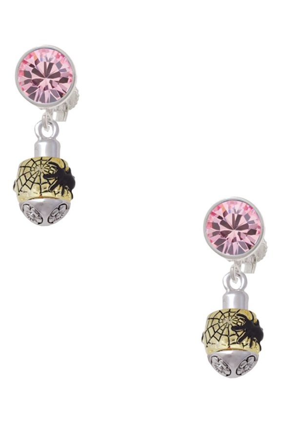 Goldtone Black Spider on Web Spinner Pink Crystal Clip on Earrings