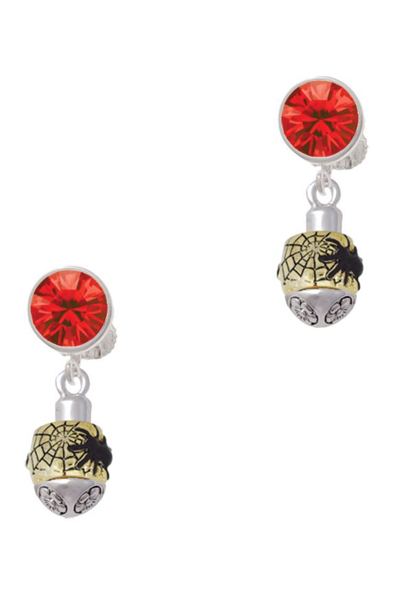 Goldtone Black Spider on Web Spinner Red Crystal Clip on Earrings