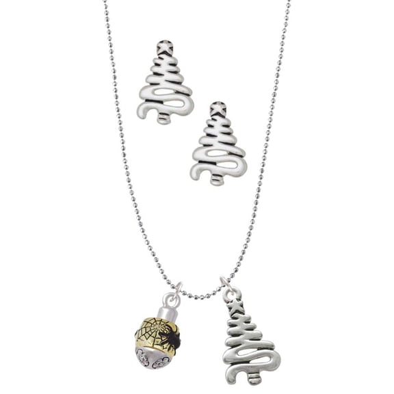 Delight Jewelry Goldtone Black Spider on Web Spinner Silver tone Zig Zag Christmas Tree Charm Necklace and Stud Earrings