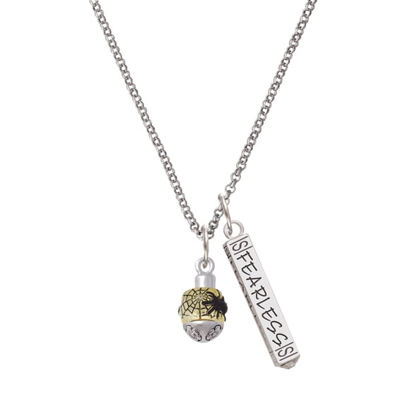 Delight Jewelry Goldtone Black Spider on Web Spinner Silvertone Fearless Bar Charm Necklace, 23"