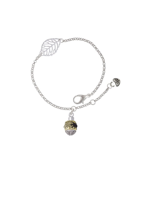 Goldtone Black Spider on Web Spinner - Silvertone Leaf Delicate Bracelet, 6.25+1.75"