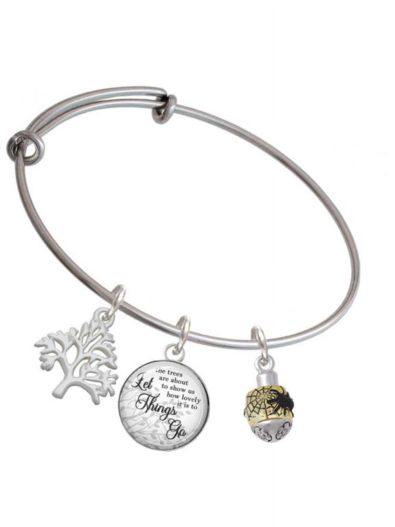 Goldtone Black Spider on Web Spinner Silvertone Let Things Go Tree Charm Bangle Bracelet