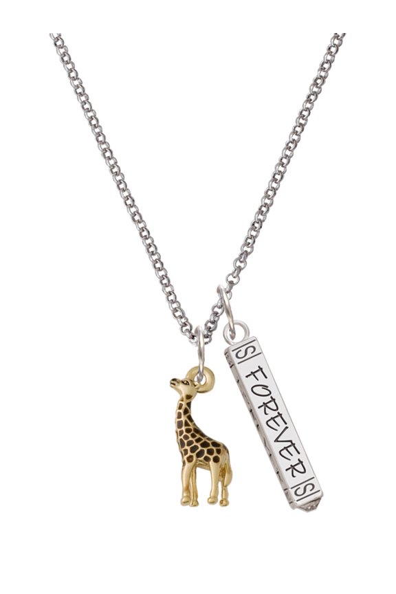Goldtone Brown Giraffe Silvertone Forever Bar Charm Necklace, 23"