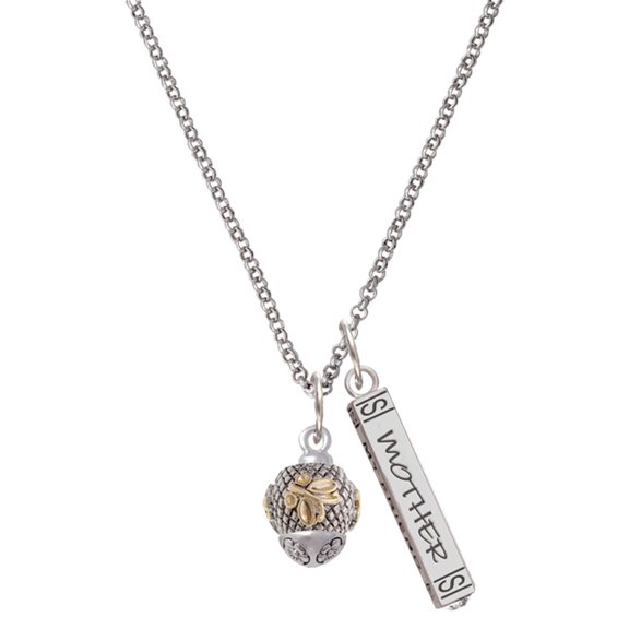 Delight Jewelry Goldtone Butterfly on Silvertone Hatched Background Spinner Silvertone Mother Daughter Bar Charm Necklace, 23"