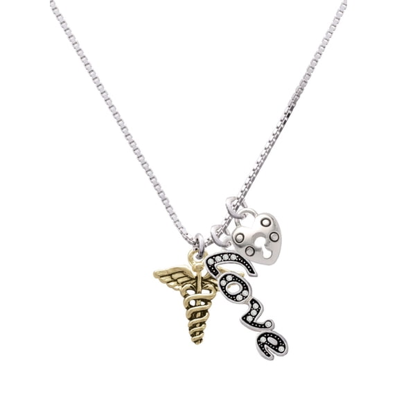Delight Jewelry Goldtone Caduceus - Love and Lock Charm Necklace, 18"+1"