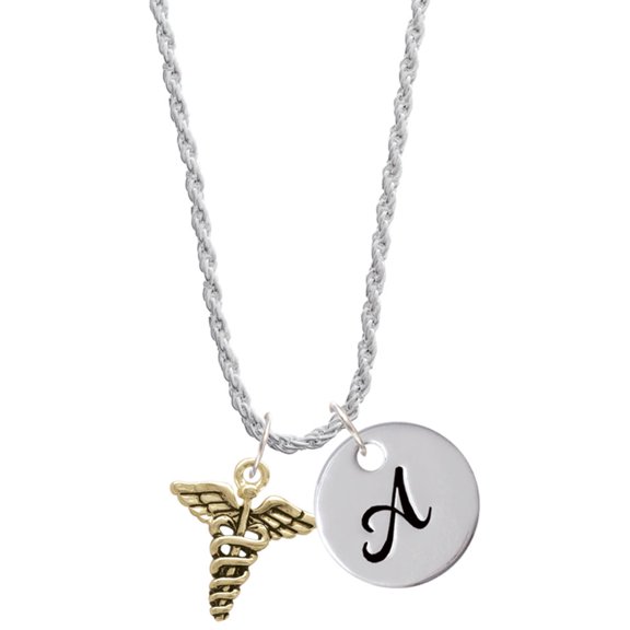 Delight Jewelry Goldtone Caduceus Silvertone Script Initial Disc - A - Charm Necklace, 20"+3"