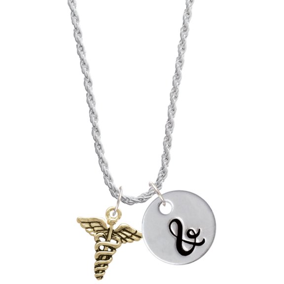Delight Jewelry Goldtone Caduceus Silvertone Script Initial Disc - & - Charm Necklace, 20"+3"