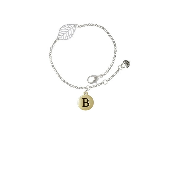 Delight Jewelry Goldtone Capital Letter - B - Pebble Disc - - Silvertone Leaf Delicate Bracelet, 6.25+1.75"