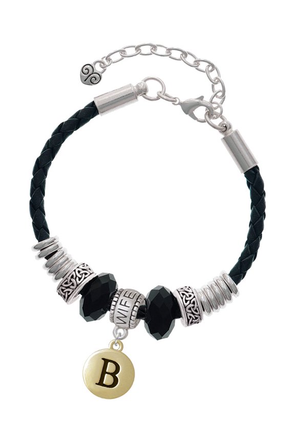 Goldtone Capital Letter - B - Pebble Disc - Wife Celtic Knot Leather Bead Bracelet, 7"+2" Extender