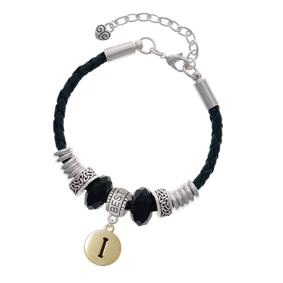 Delight Jewelry Goldtone Capital Letter - I - Pebble Disc - Best Friend Celtic Knot Leather Bead Bracelet, 7"+2" Extender