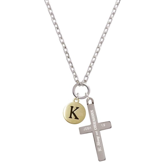 Delight Jewelry Goldtone Capital Letter - K - Pebble Disc - Be Strong and Courageous Engraved Cross Zoey Necklace, 28"