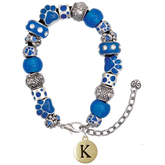 Delight Jewelry Goldtone Capital Letter - K - Pebble Disc - Blue Paw Print Bead Bracelet, 7"+2"