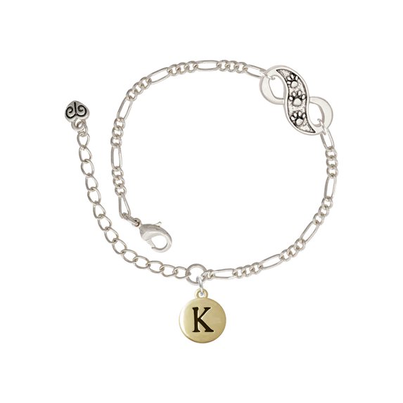 Delight Jewelry Goldtone Capital Letter - K - Pebble Disc - Silver-tone Paw Infinity Link Chain Bracelet, 6"+2" Extender