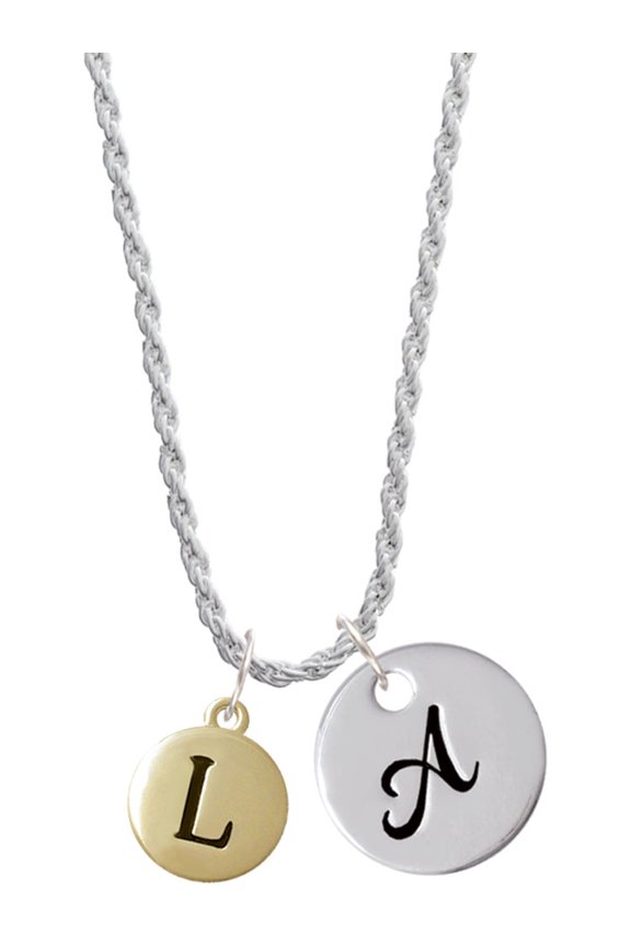 Goldtone Capital Letter - L - Pebble Disc - Silvertone Script Initial Disc - A - Charm Necklace, 20"+3"