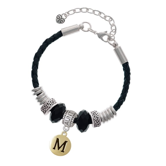 Delight Jewelry Goldtone Capital Letter - M - Pebble Disc - Aunt Celtic Knot Leather Bead Bracelet, 7"+2" Extender