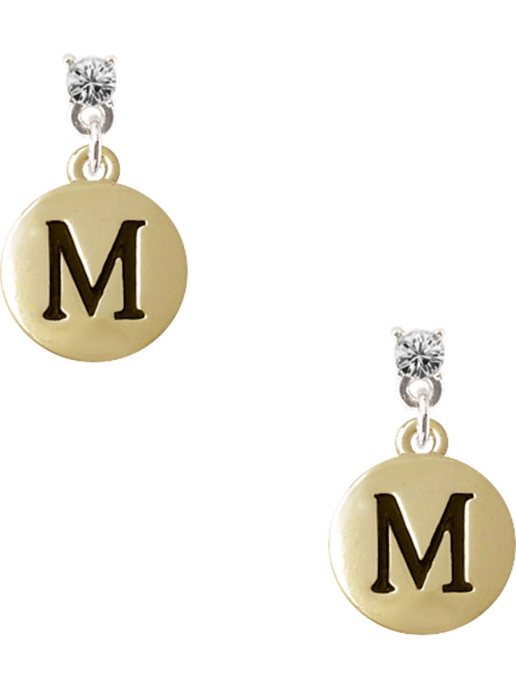 Delight Jewelry Goldtone Capital Letter - M - Pebble Disc - Clear Crystal Post Earrings