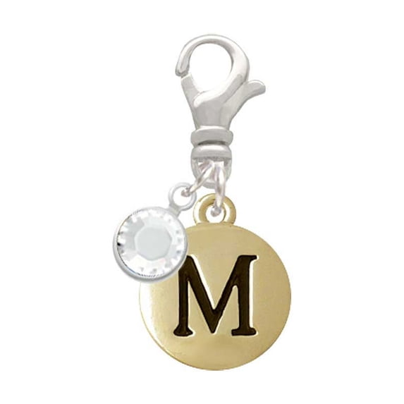 Delight Jewelry Goldtone Capital Letter - M - Pebble Disc - - Silvertone Clip on Charm with Clear Crystal Drop