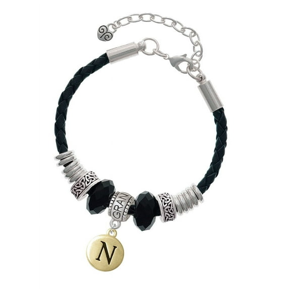 Delight Jewelry Goldtone Capital Letter - N - Pebble Disc - Grandmother Celtic Knot Leather Bead Bracelet, 7"+2" Extender
