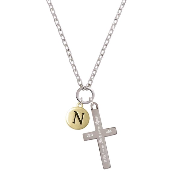 Delight Jewelry Goldtone Capital Letter - N - Pebble Disc - I Set You Apart Engraved Cross Zoey Necklace, 28"