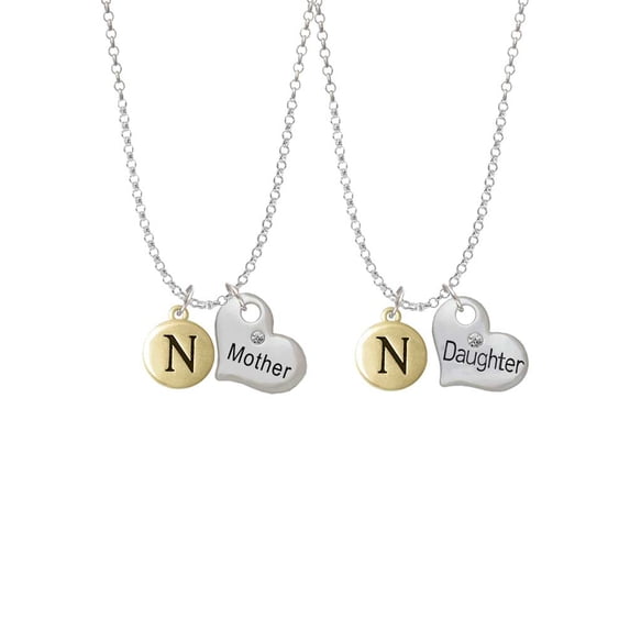 Delight Jewelry Goldtone Capital Letter - N - Pebble Disc - Mother & Daughter Heart Necklaces (Set of 2), 19"+2"