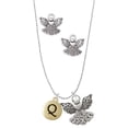 thumbnail image 1 of Delight Jewelry Goldtone Capital Letter - Q - Pebble Disc - Silver tone Guardian Angel Charm Necklace and Stud Earrings, 1 of 4
