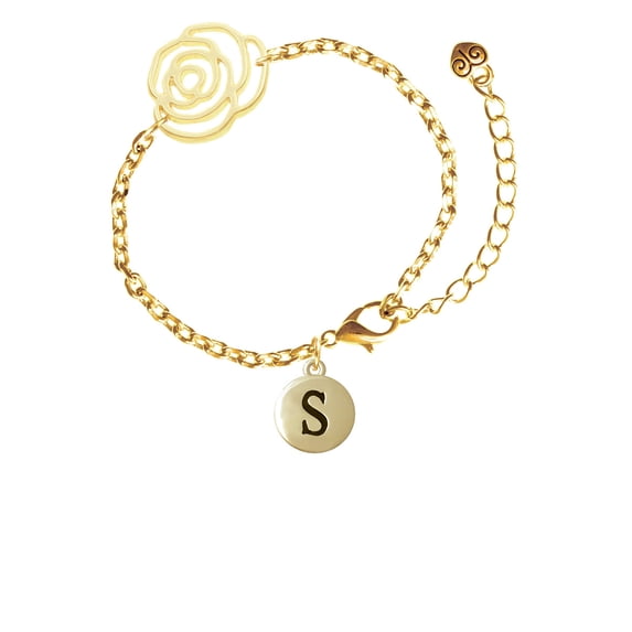 Delight Jewelry Goldtone Capital Letter - S - Pebble Disc - Gold-tone Flower Link Chain Bracelet, 6.75"+2" Extender