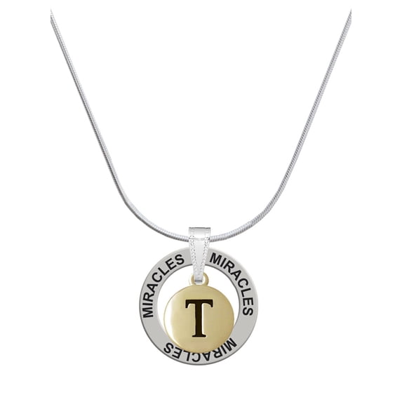 Delight Jewelry Goldtone Capital Letter - T - Pebble Disc - Miracles Ring Charm Necklace, 18"