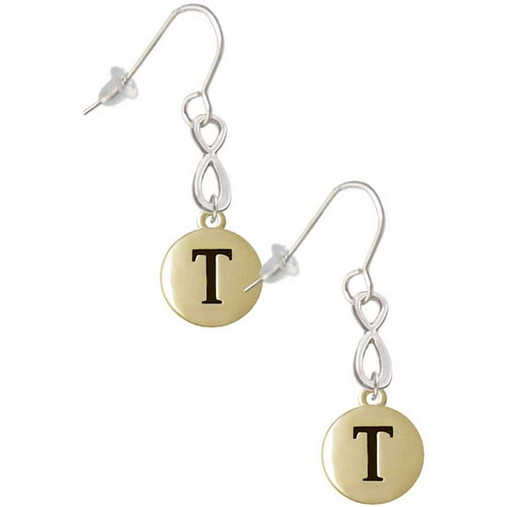 Delight Jewelry Goldtone Capital Letter - T - Pebble Disc - Silver tone Infinity French Earrings