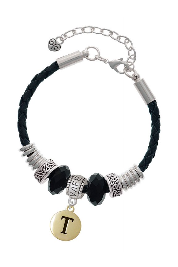 Goldtone Capital Letter - T - Pebble Disc - Wife Celtic Knot Leather Bead Bracelet, 7"+2" Extender