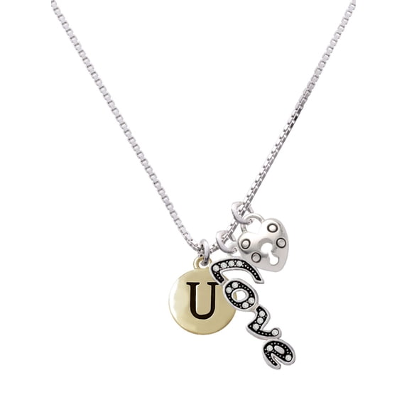 Delight Jewelry Goldtone Capital Letter - U - Pebble Disc - - Love and Lock Charm Necklace, 18"+1"