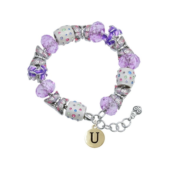 Delight Jewelry Goldtone Capital Letter - U - Pebble Disc - Purple Butterfly Bead Charm Bracelet, 7"+1" Extender