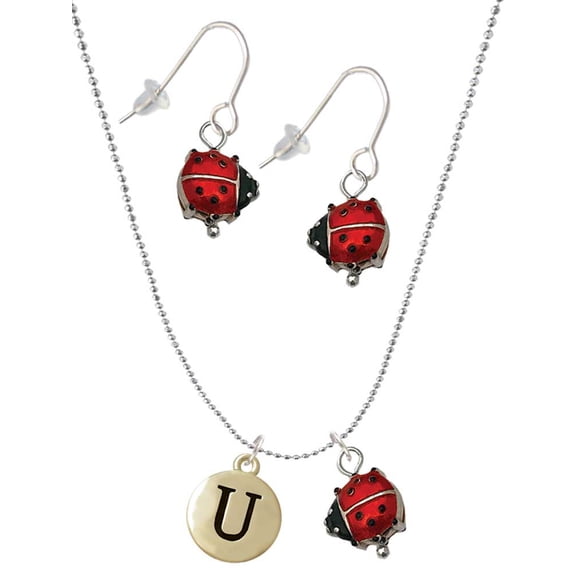 Delight Jewelry Goldtone Capital Letter - U - Pebble Disc - Red Lucky Ladybug Necklace and Dangle Earrings Set