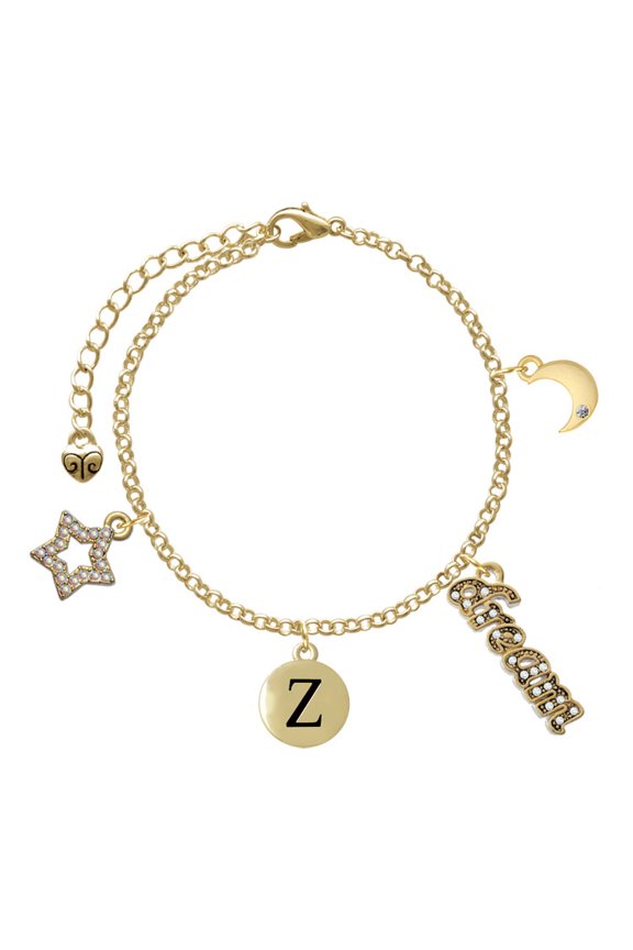 Goldtone Capital Letter - Z - Pebble Disc - Goldtone Dream Big Charm Bracelet, 7.5+2" Extender