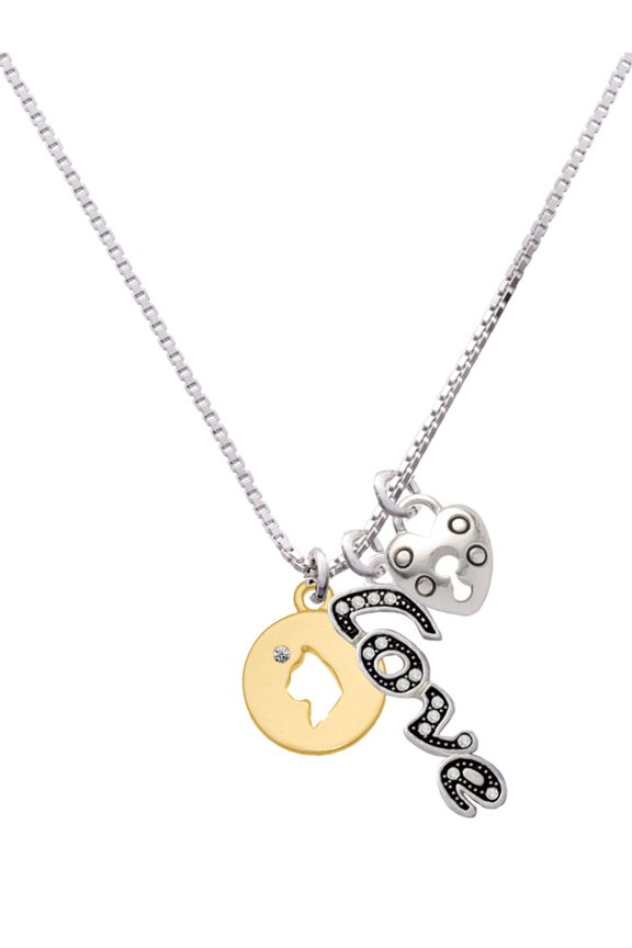 Goldtone Cat Head Silhouette - Love and Lock Charm Necklace, 18"+1"