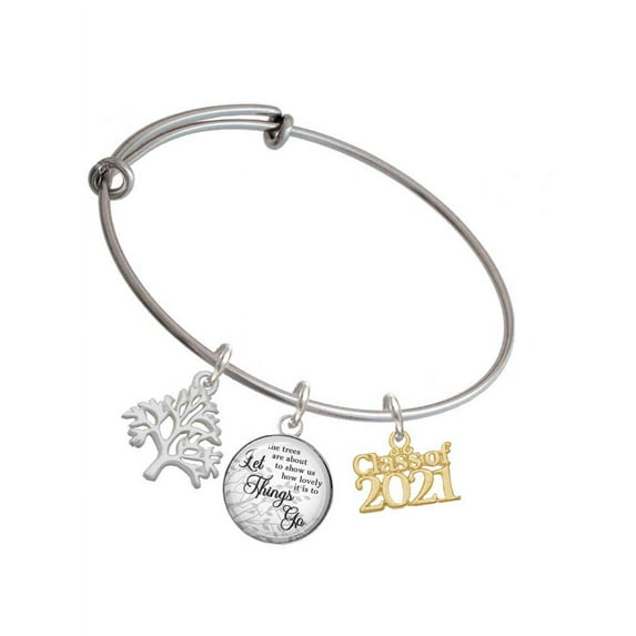 Delight Jewelry Goldtone Class of 2021 Silvertone Let Things Go Tree Charm Bangle Bracelet