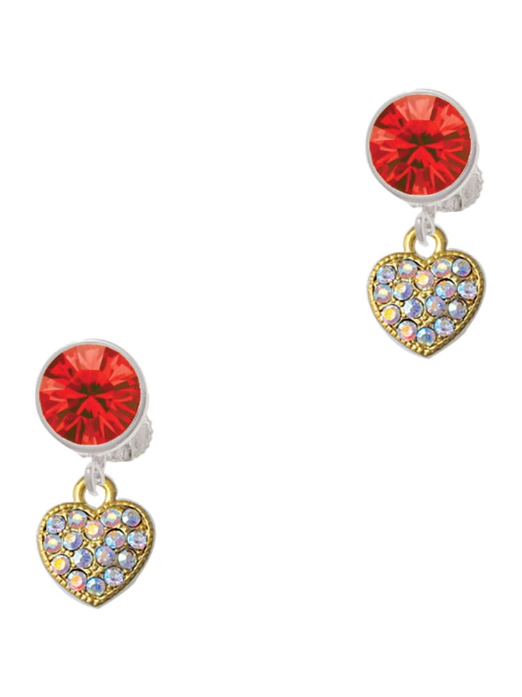 Delight Jewelry Goldtone Clear AB Crystal Heart Red Crystal Clip on Earrings