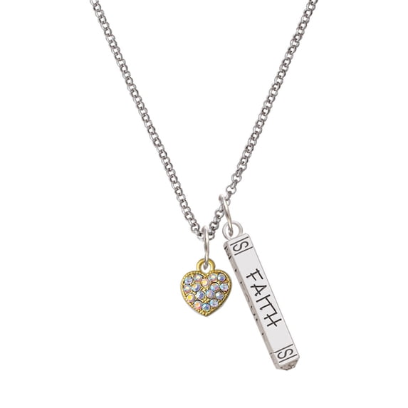 Delight Jewelry Goldtone Clear AB Crystal Heart Silvertone Believe Faith Prayer Hope Bar Charm Necklace, 23"