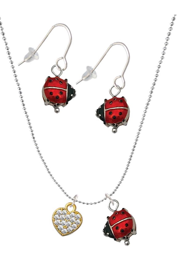 Goldtone Clear Crystal Heart Red Lucky Ladybug Necklace and Dangle Earrings Set