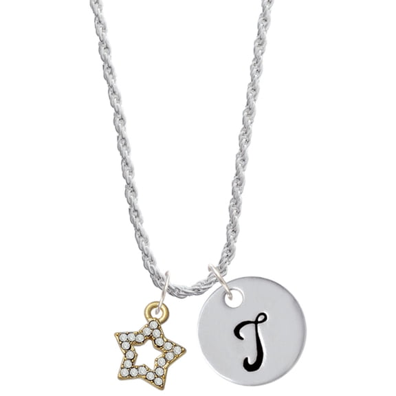 Delight Jewelry Goldtone Clear Crystal Lucky Star Silvertone Script Initial Disc - T - Charm Necklace, 20"+3"