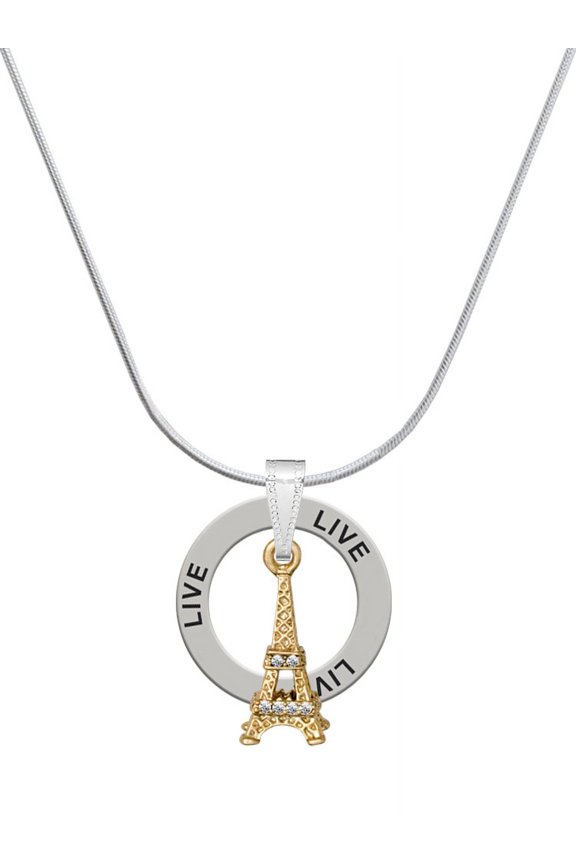 Goldtone Crystal Eiffel Tower Live Ring Charm Necklace, 18"